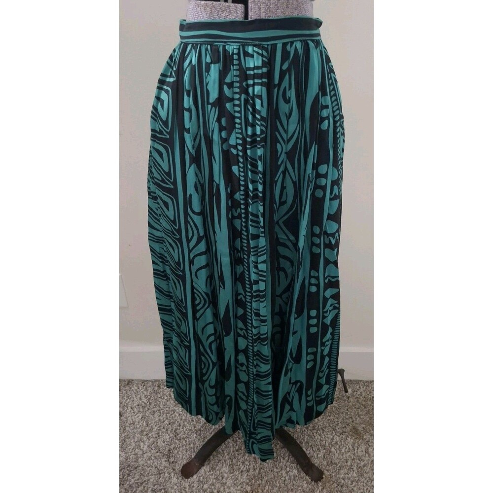 Vtg 80's Karen Kane Geometric Bird Print A-Line Midi Skirt Teal Black USA Sz 0